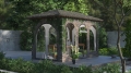 Transparente Terrassenplane mit Steinimitat-Druck zum Schutz eines Gartenpavillons mit Möbeln