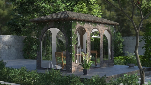 Stone garden gazebo enclosed with custom-printed transparent tarpaulin sheets featuring arched window designs
