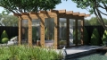 Bâche de terrasse transparente avec motif couvrant les côtés d'un belvédère moderne en bois avec jacuzzi à l'intérieur