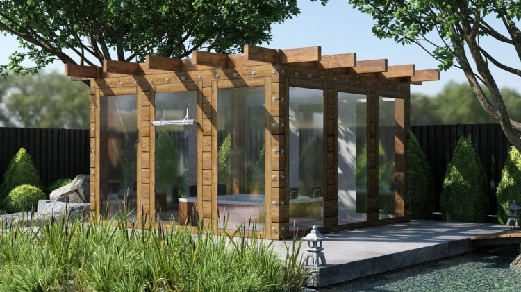 Transparenten Terassenplane mit Aufdruck, die die Seiten eines modernen Holzpavillons mit Whirlpool im Inneren abdeckt