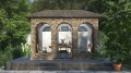 Custom printed transparent tarp for terrace, arched stone gazebo enclosure with dining table and chairs.