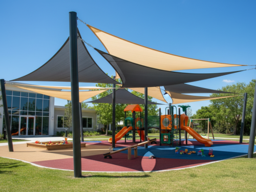 Graue und beige Sonnensegel über einem bunten Spielplatz zum Schutz vor Sonne und UV-Strahlung