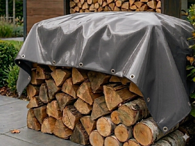 Durable grey waterproof tarp covering a large stack of chopped firewood outdoors to keep logs dry for a fireplace