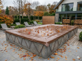 Braune Poolplane der Marke Szyte na Wymiar, die das Außenbecken vor Herbstlaub schützt