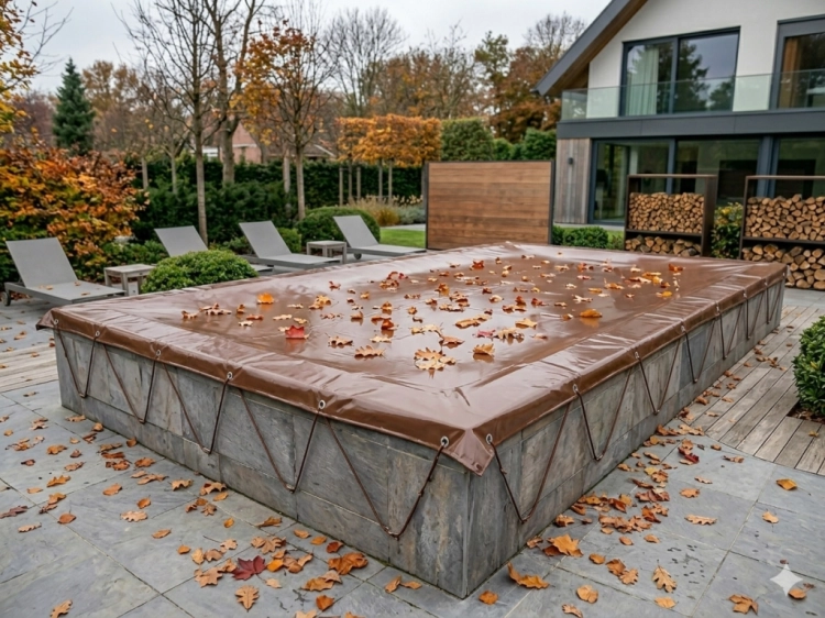 Braune Poolplane der Marke Szyte na Wymiar, die das Außenbecken vor Herbstlaub schützt