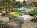 Folded custom protective covers for outdoor furniture on a stone bench in a garden with a swimming pool.