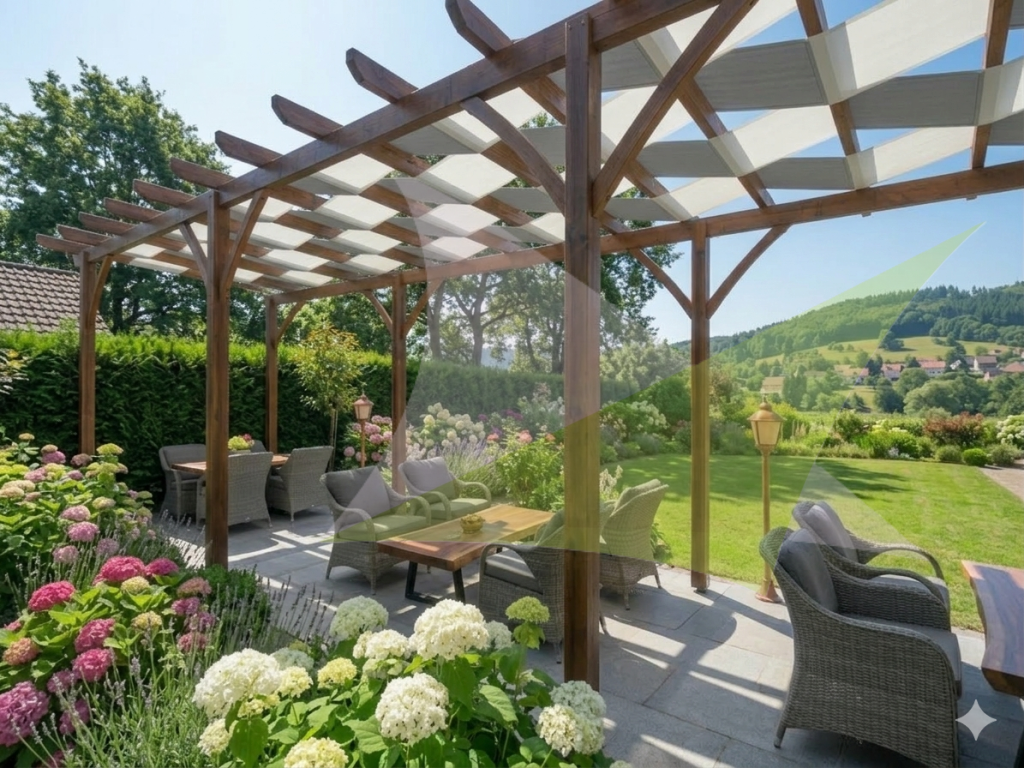 Two-color waterproof pergola shade sails woven through a wooden garden pergola with outdoor seating and flowers