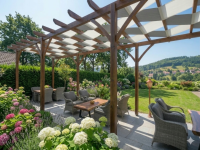 Zweifarbiges wasserdichtes Pergola-Band 0,5x5 m, verflochten durch Holzbalken der Terrassenüberdachung