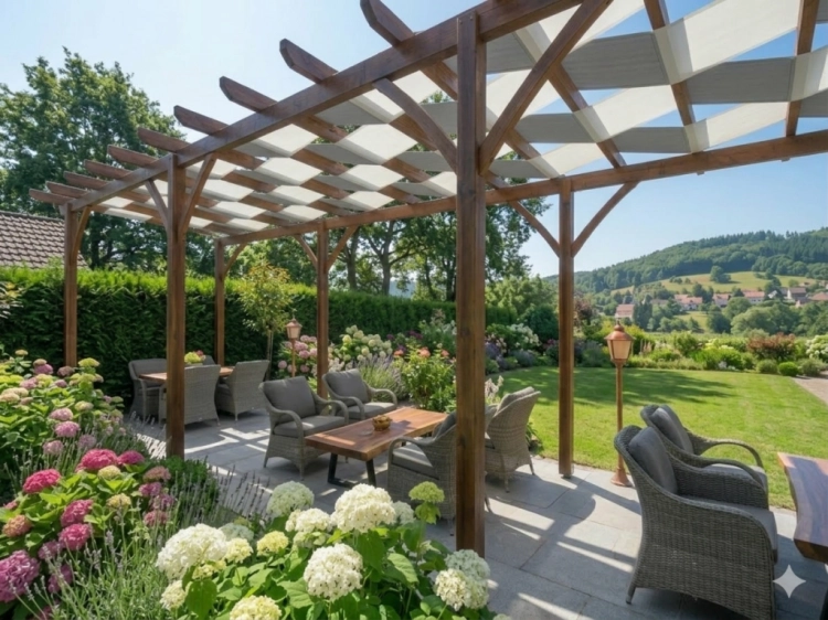 Zweifarbiges wasserdichtes Pergola-Band 0,5x5 m, verflochten durch Holzbalken der Terrassenüberdachung