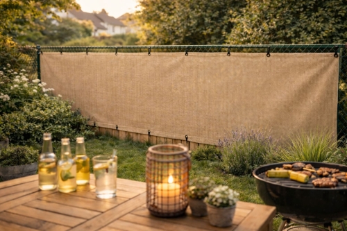 Beige HDPE schuttingmat op maat, schaduwgevend en windscherm in tuin met barbecue en tafel
