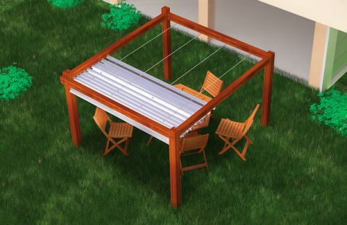 Retractable premium waterproof roman sun shade sail on a wooden pergola over a garden dining set.