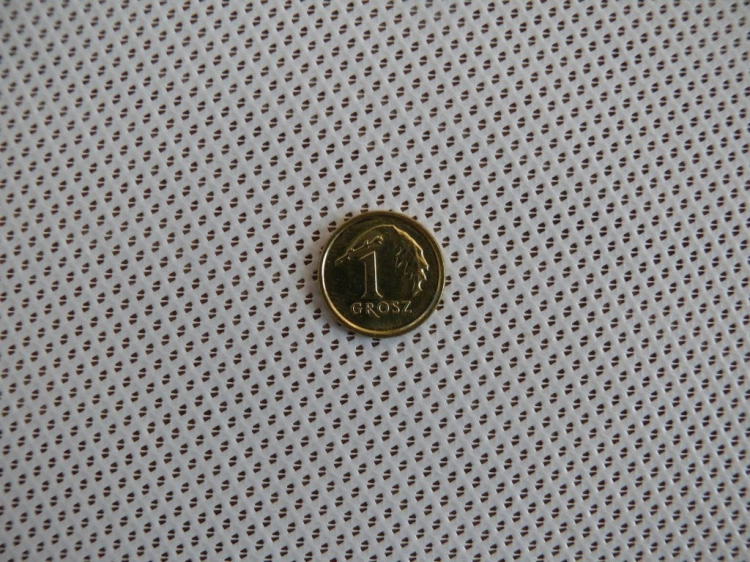 One Polish grosz coin placed on a white sunshade panel with a perforated pattern for size comparison.