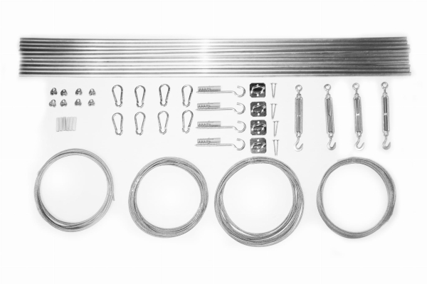 Complete Roman blind installation kit with rods, steel cables, turnbuckles, hooks, and mounting hardware for wall or wood