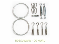 Mounting kit for retractable sun sail with 2 steel cables, turnbuckles, carabiners, and wall hooks for wall installation