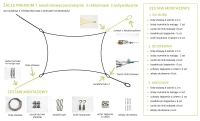 Diagram showing garden sun shade sail installation kits for wall, wood, or mixed surfaces with steel cables and hardware