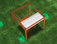 Retractable Roman blind kit installed on a wooden garden pergola over a picnic table on a green lawn