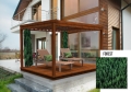 Custom garden curtains with forest print on a wooden pergola with lounge chairs on a modern house patio.