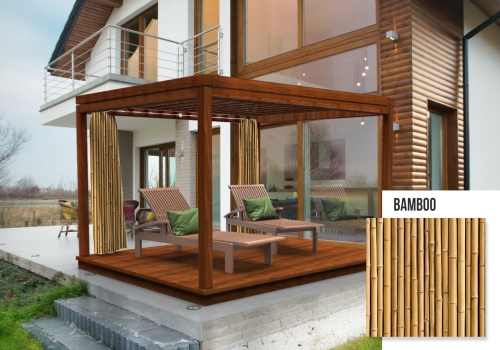 Gazebo with custom bamboo print outdoor curtains next to loungers on a modern patio terrace.