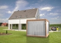 Modern outdoor gazebo with white mesh curtain panels for patio privacy and shade.