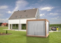 Modern outdoor gazebo with white mesh curtain panels for patio privacy and shade.