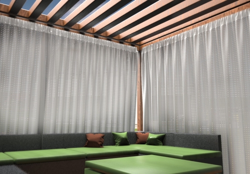 White semi-sheer outdoor curtains on a modern terrace with green cushions and a wooden pergola roof