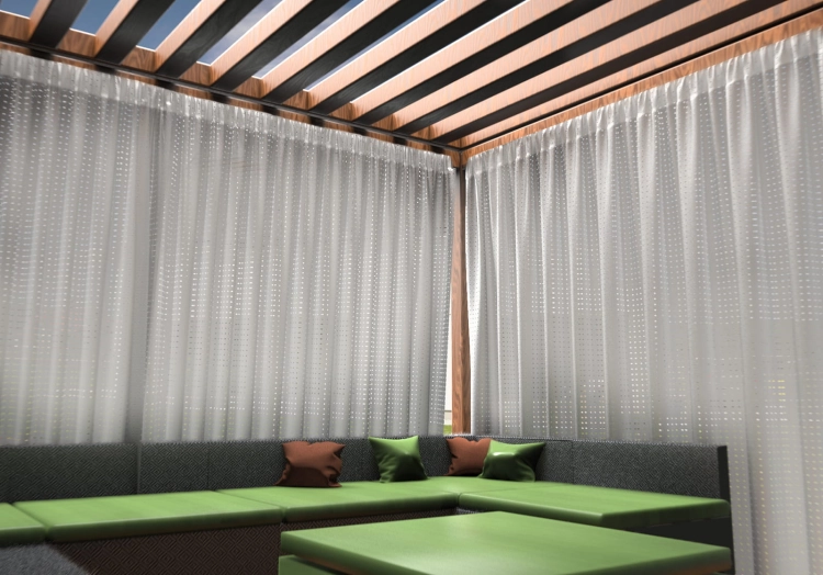 White semi-sheer outdoor curtains on a modern terrace with green cushions and a wooden pergola roof