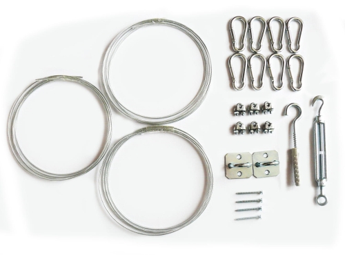 Installation kit for a shade sail with wire ropes, snap hooks, turnbuckle, eye plates, wall plugs, and wire rope clips