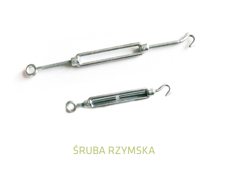 Two zinc-plated steel turnbuckles with eye and hook ends for tensioning, shown in two different lengths.