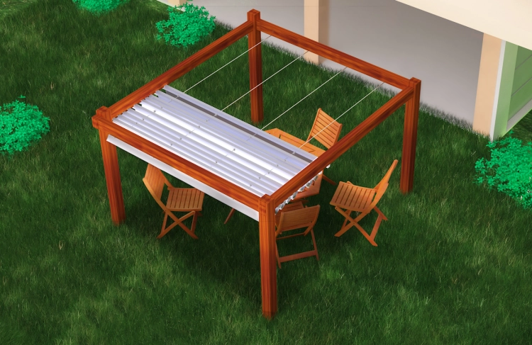 Retractable waterproof Roman shade for a 3x4m wooden pergola with outdoor dining set on a green lawn