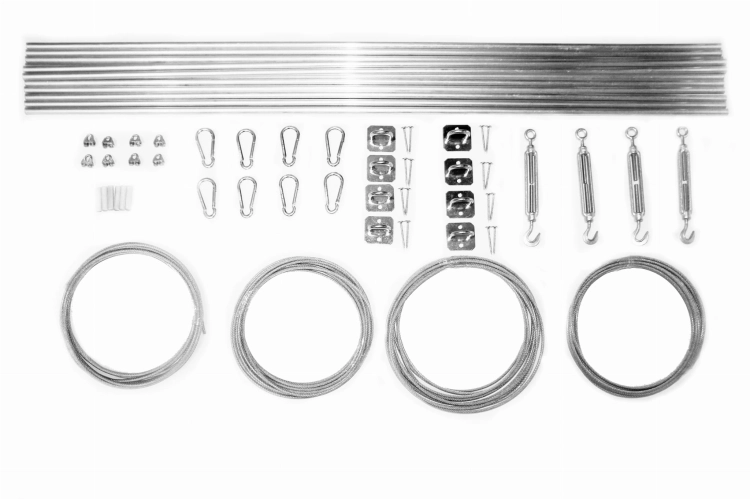 Complete hardware kit for an outdoor Roman shade including steel cables, turnbuckles, mounting plates, and rods
