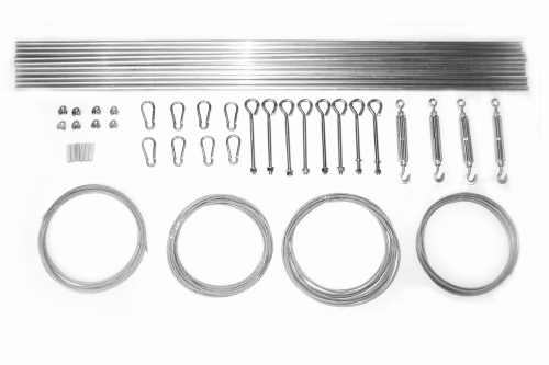 Installation hardware kit for a 3x4m premium waterproof terrace Roman blind including cables, rods, and carabiners