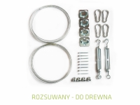 Retractable shade sail mounting kit for wood with ropes, carbines, turnbuckles, eye plates, and screws on white background