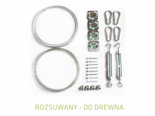 Retractable shade sail mounting kit for wood with ropes, carbines, turnbuckles, eye plates, and screws on white background