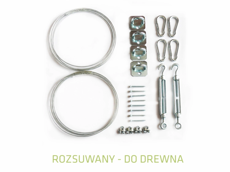 Retractable shade sail mounting kit for wood with ropes, carbines, turnbuckles, eye plates, and screws on white background