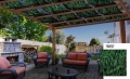 Wasserdichte Pergola-Markisenbahn mit Walddruck, montiert an einer Holzlaube im Garten mit Loungemöbeln