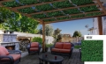 Wasserdichte Sonnenschutzmarkise mit Hecken-Aufdruck, montiert an einer Holzpergola