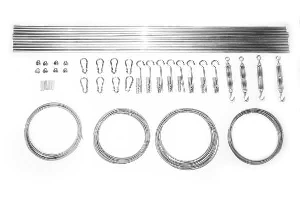 Roman blind installation kit including metal rods, wire cables, turnbuckles, snap hooks, and mounting hardware