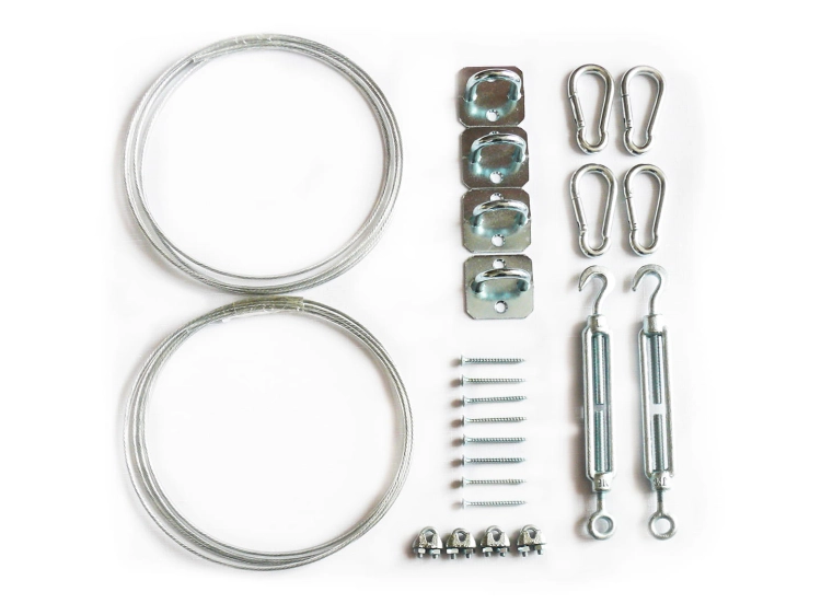 Sun shade sail installation kit with wire ropes, snap hooks, turnbuckles, wall pads, screws, and cable clamps
