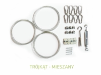 Mixed mounting kit for triangular shade sails with steel cables, carabiners, turnbuckle, and mounting brackets