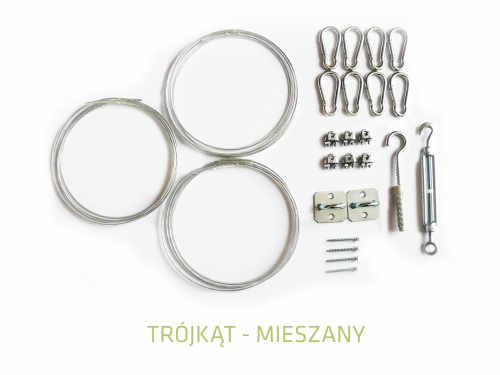 Mixed mounting kit for triangular shade sails with steel cables, carabiners, turnbuckle, and mounting brackets