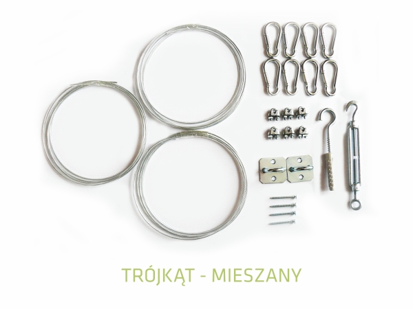Mixed mounting kit for triangular shade sails with steel cables, carabiners, turnbuckle, and mounting brackets