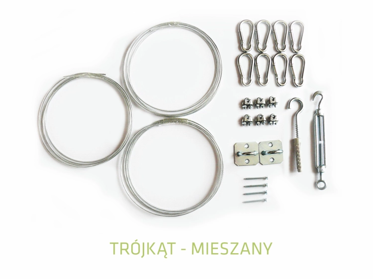 Mixed mounting kit for triangular shade sails with steel cables, carabiners, turnbuckle, and mounting brackets