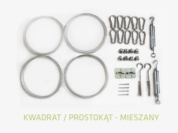 Mounting hardware kit for square or rectangular sun sails with steel cables, carabiners, turnbuckles, and wall plates