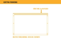 Technical drawing for a custom-made outdoor curtain showing a 5cm top rod pocket and side eyelets with rubber tape trim.