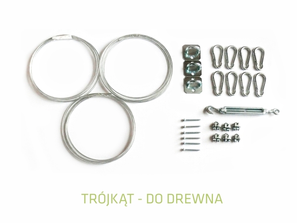 Mounting kit for wooden surfaces with steel cables, carabiners, turnbuckle, and mounting plates for triangle sun sails