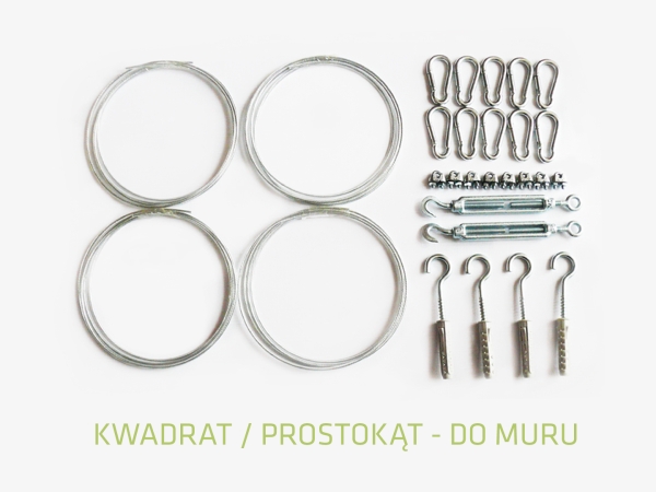 Wall mounting kit for a square or rectangular sun sail with steel cable, carabiners, turnbuckles, and wall hooks