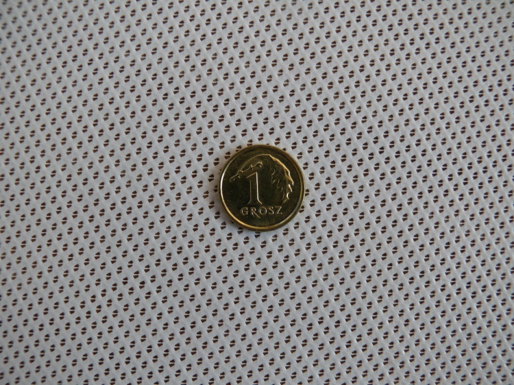 Single 1 grosz Polish coin placed on a white perforated garden sail material for scale comparison.