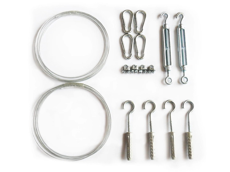 Tension wire kit for terrace curtains with steel cables, turnbuckles, carabiners, and hook eye bolts for wall mounting