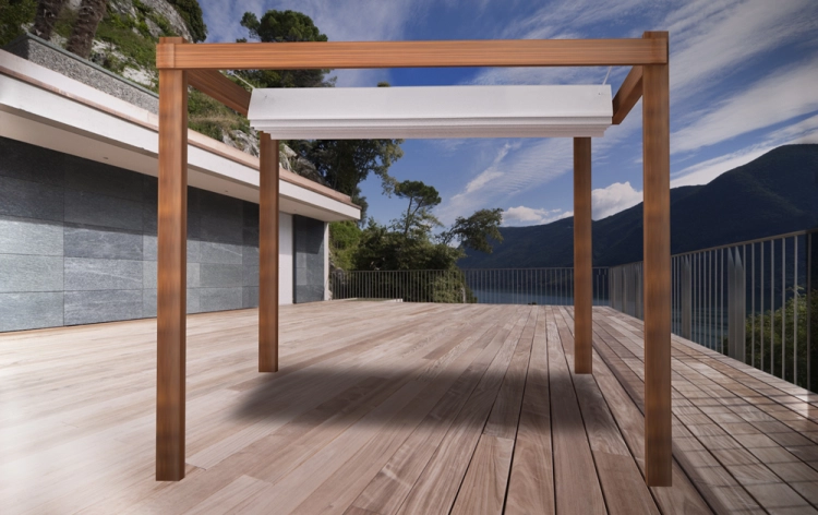 Retractable 3x5 m shade sail on a wooden pergola over a deck overlooking a lake and mountains