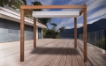 Retractable waterproof shade sail on a wooden pergola over a deck with a scenic mountain and lake view